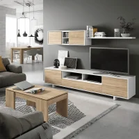 Belus (RANI) meuble tv L200cm contemporain blanc matte et décor chêne blanc
