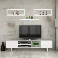 Liky meuble tv L 160 cm + JED Lot de 2 étagères murales Blanc L 60 cm + PAZ étagère murale Blanc 100 cm